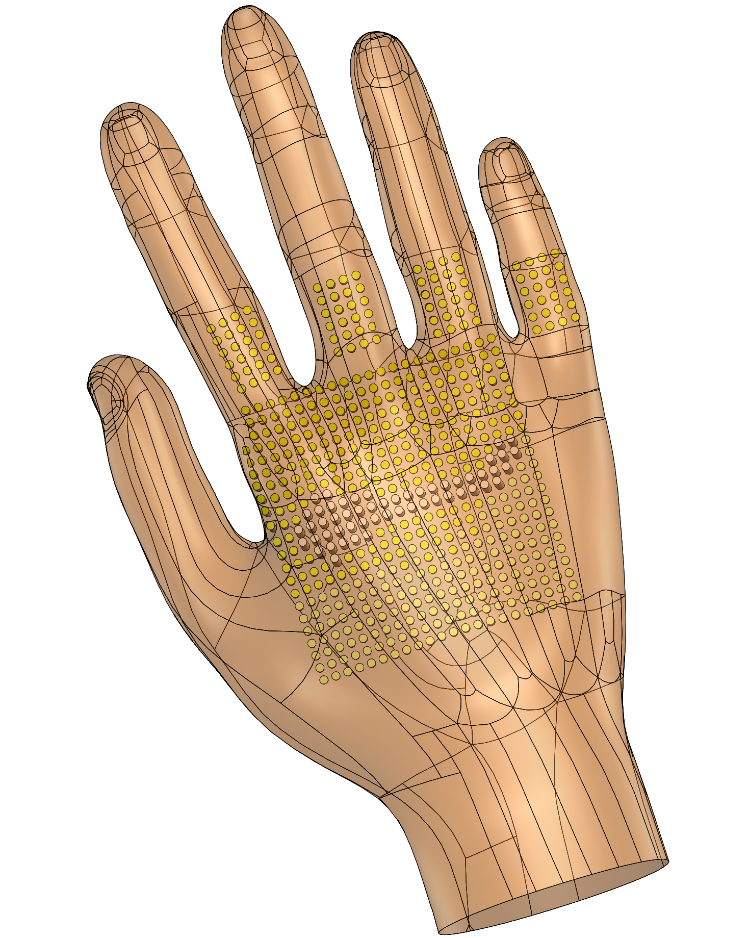 An array of small, cylindrical pins prompts users to position their hand to grasp a desired object. The photo shows a graphic image of the glove technology. Yellow dots represent the cylindrical pins. There is a square patch on the palm of yellow dots and additional ones on the finger.